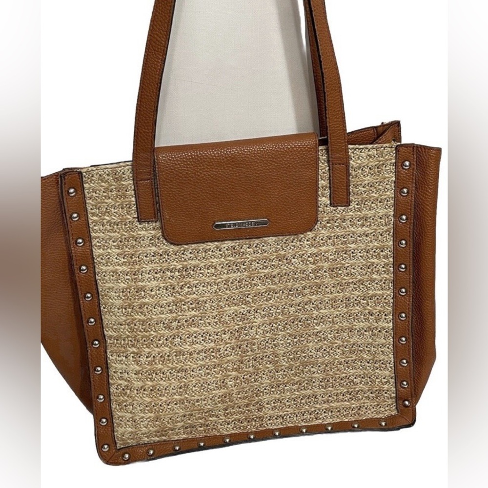 Steve Madden Straw Leather Tote Large Shoulder Bag Straw Brown Tan